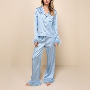 Dreamiest Delight Light Blue Satin Feather Two-Piece Pajama Set